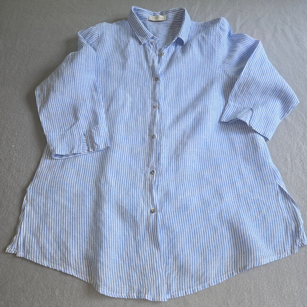Cento Lino Linen Tunic Womens XL Blue White Striped 3/4 Sleeve Giulia Italy